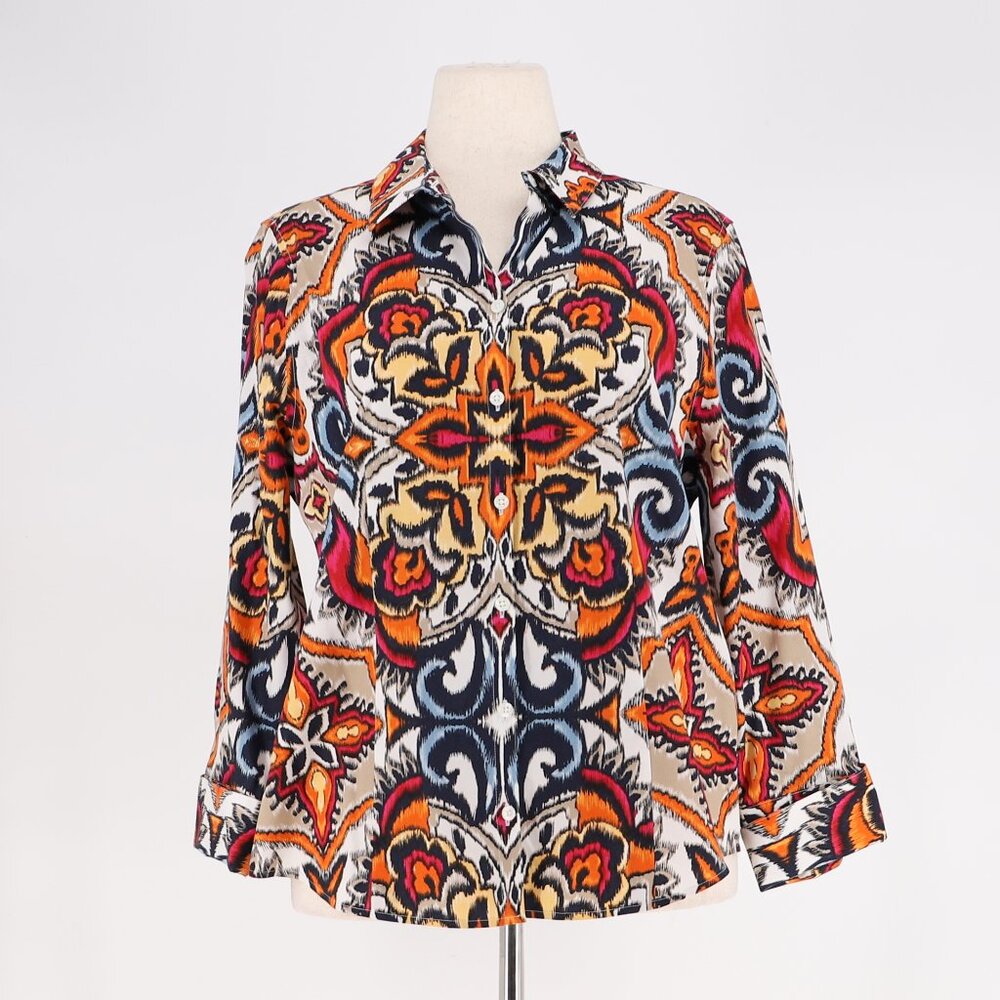CHICO'S No Iron Warm Cotton Multi Color Shirt 3/4 Sleeve Size 2/L